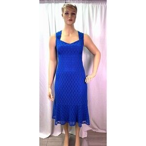 Slinky Brand Blue Lace Midi Dress XL Sleeveless Stretch Fit Flare Cocktail Party
